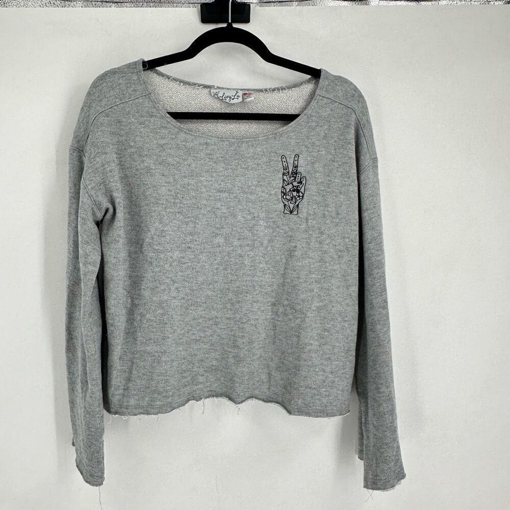 Livy Lu Women's Knit Long Sleeve Pullover Cropped Sweatshirt‎ Gray Size Large